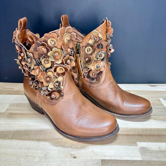 Sheridan Mia Women’s Leather Ankle Boots 36/6 Brown Floral Appliqué Western Boho - Picture 1 of 13